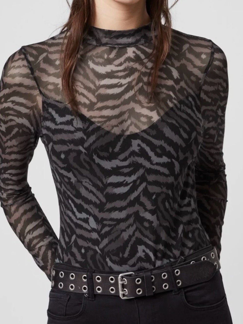 AllSaints Black Sheer Zebra-Print Mock Neck Long Sleeve Tee Remix Elia bodysuit